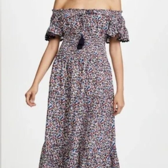 Tory Burch Wildflower Tiered Off Shoulder Smoked Navy Pipping Midi Dress S $498 - Picture 16 of 16